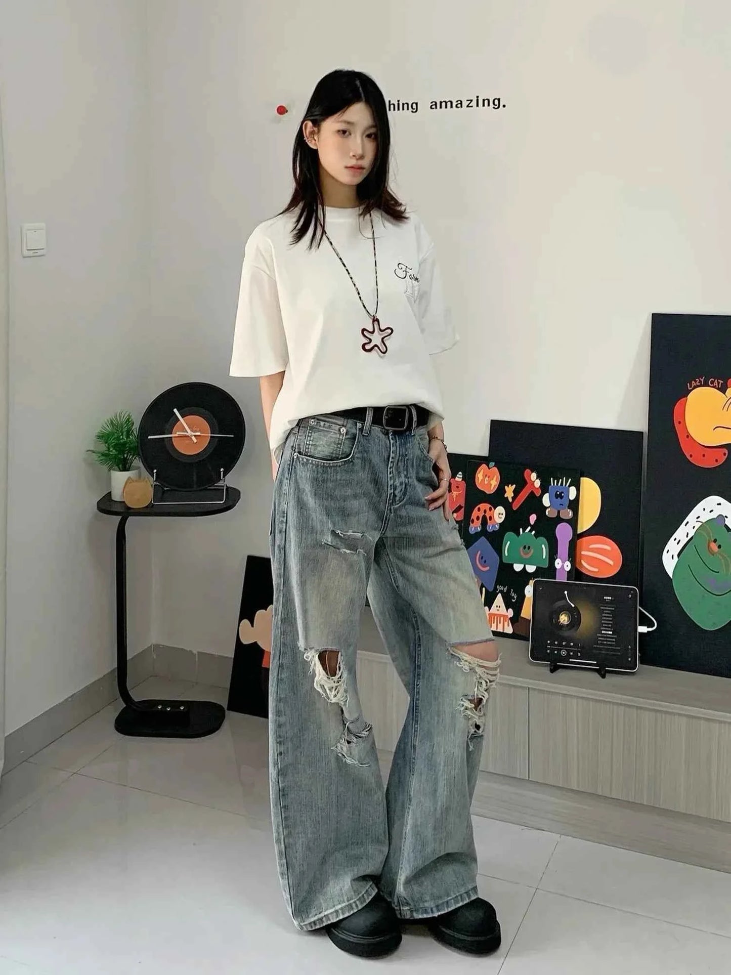 Streetwear Bamboo Joint Ripped Loose Jeans