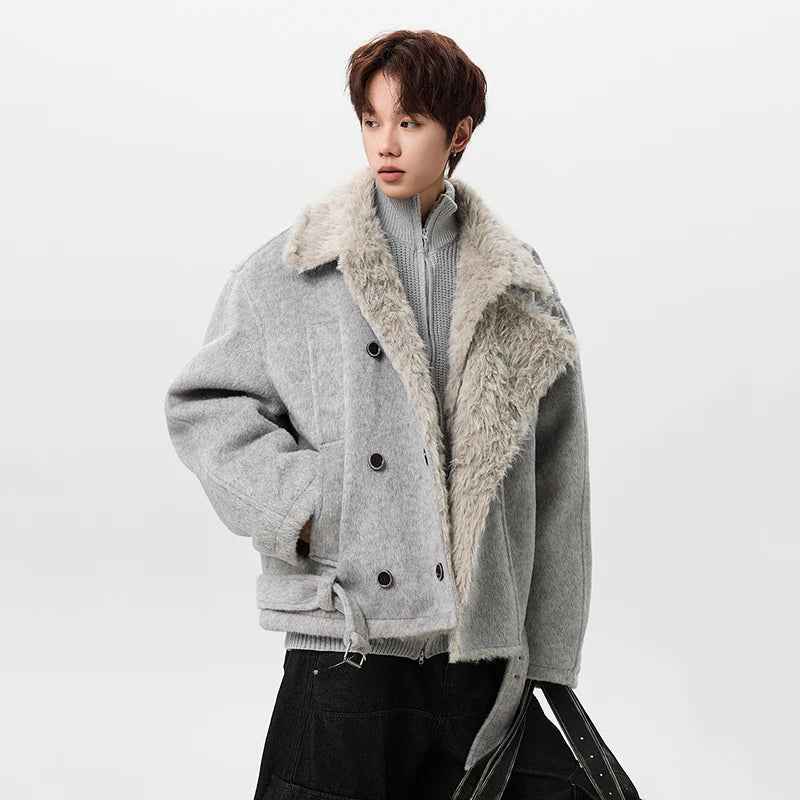 Soft Korean Faux Fur Patchwork Belt Jacket