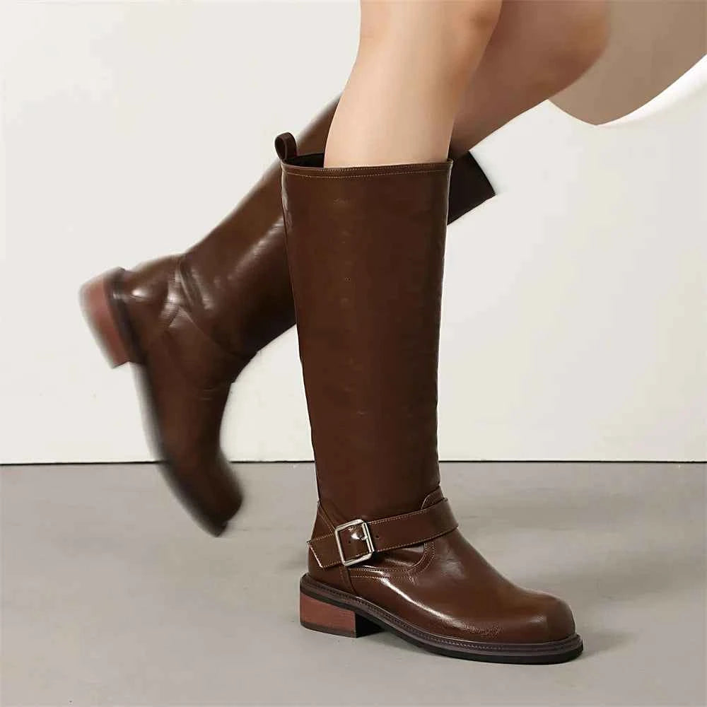 Retro Square High Heels Knee Leather Boots