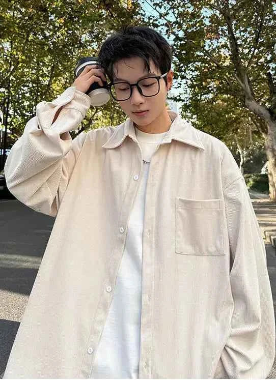 Corduroy Square Collar Casual Long Sleeve Shirt