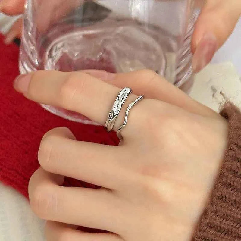 Women Wavey Sterling Silver Double Layer Line Ring