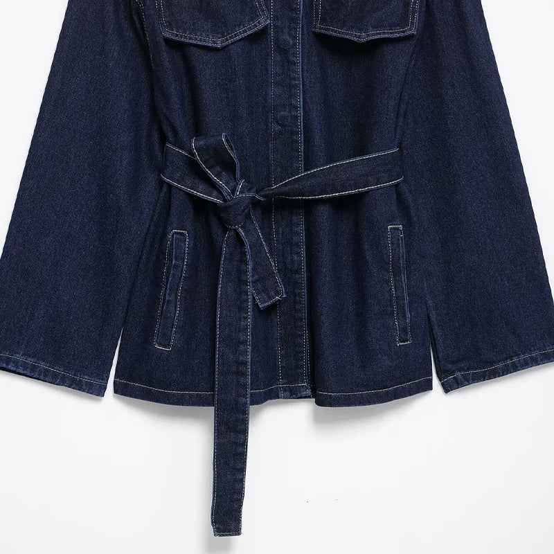 Everyday Essential Lapel Neck With Belt Denim Jacket