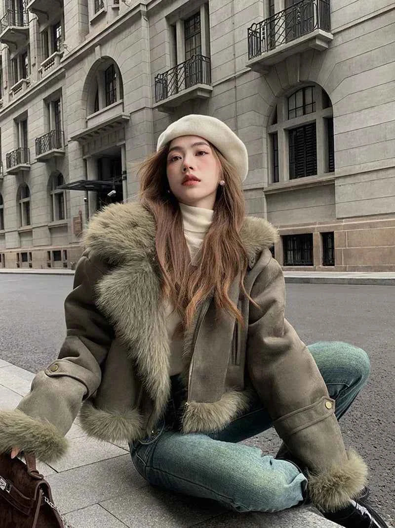 Women Classic Warm Faux Suede Zipper Leather Jacket