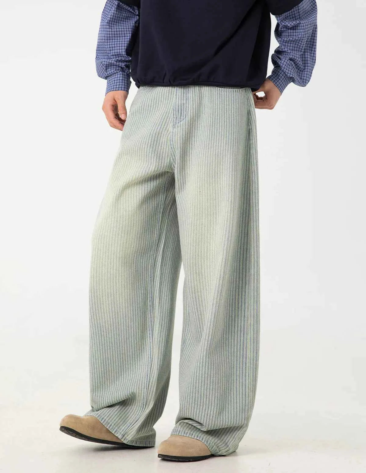 Streetwear Washed Relaxed Fit Striped Straight Leg Jeans