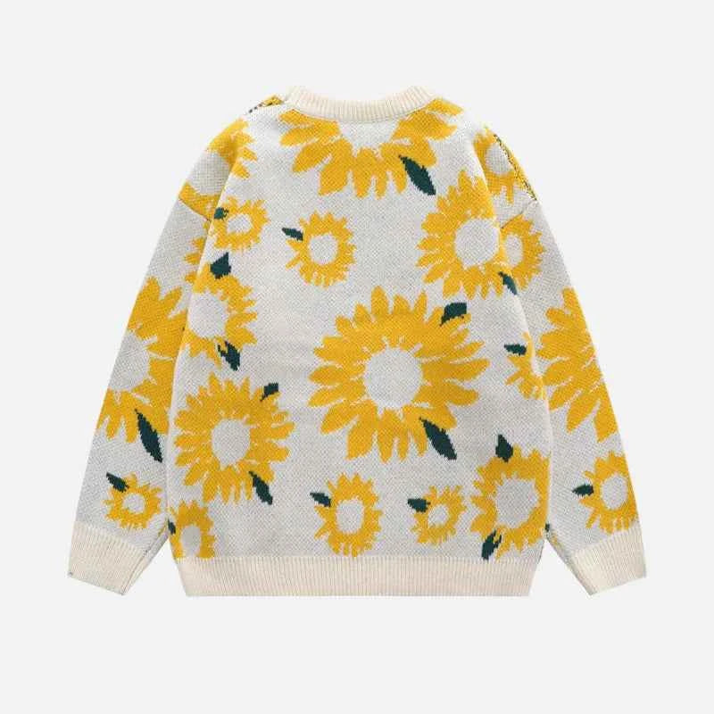 Sunflower Pattern Textured Knit Sweater