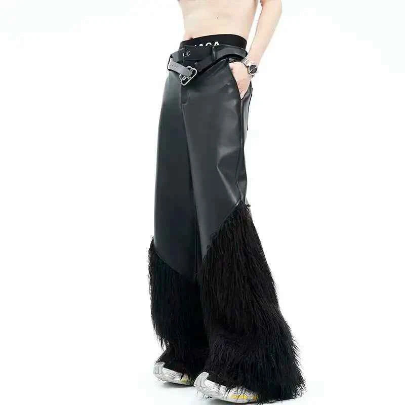 Trendy Patchwork Wide Leg Leather Pants