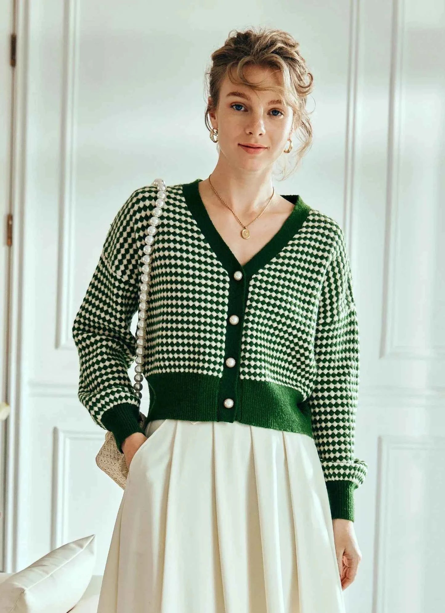 Plaid Spliced Pearl Button Knitted Cardigan