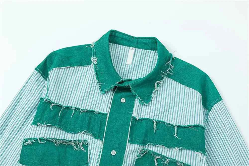 Retro Striped Patchwork Long Sleeve Ripped Shirt