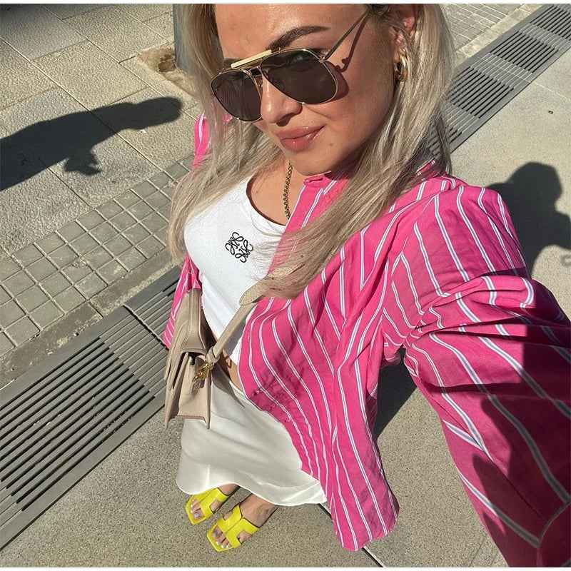Women Streetwear Pink Striped Chic Long Sleeve Shirt
