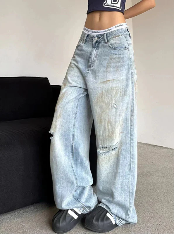 Chic Washed Distressed Korean Style High Waist Jeans - Luxuryurbanwear