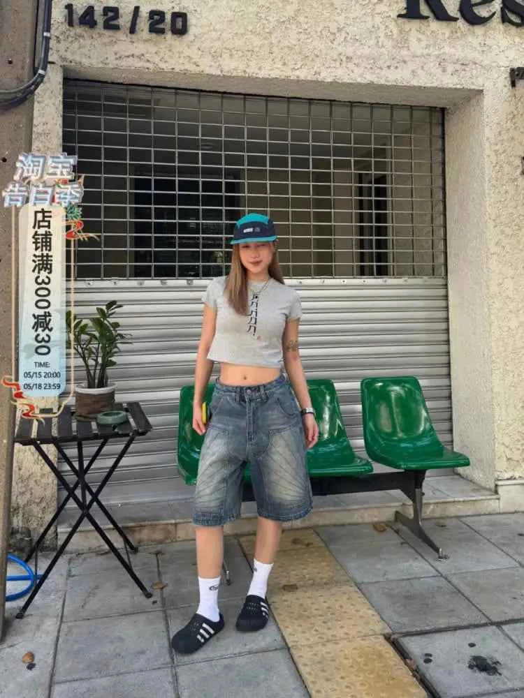 Blue Washed Knee Length Denim Short