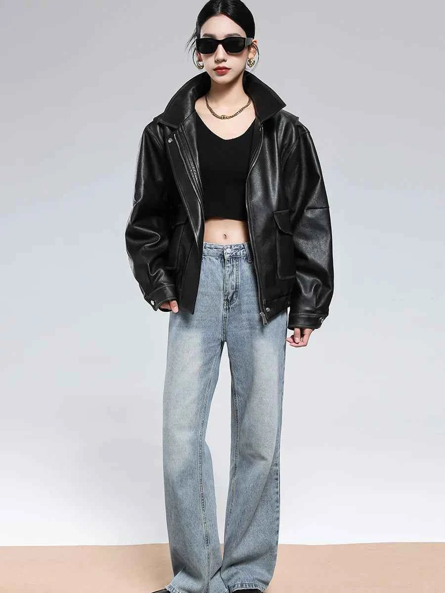 Women Vintage Distressed Brown Leather Jacket