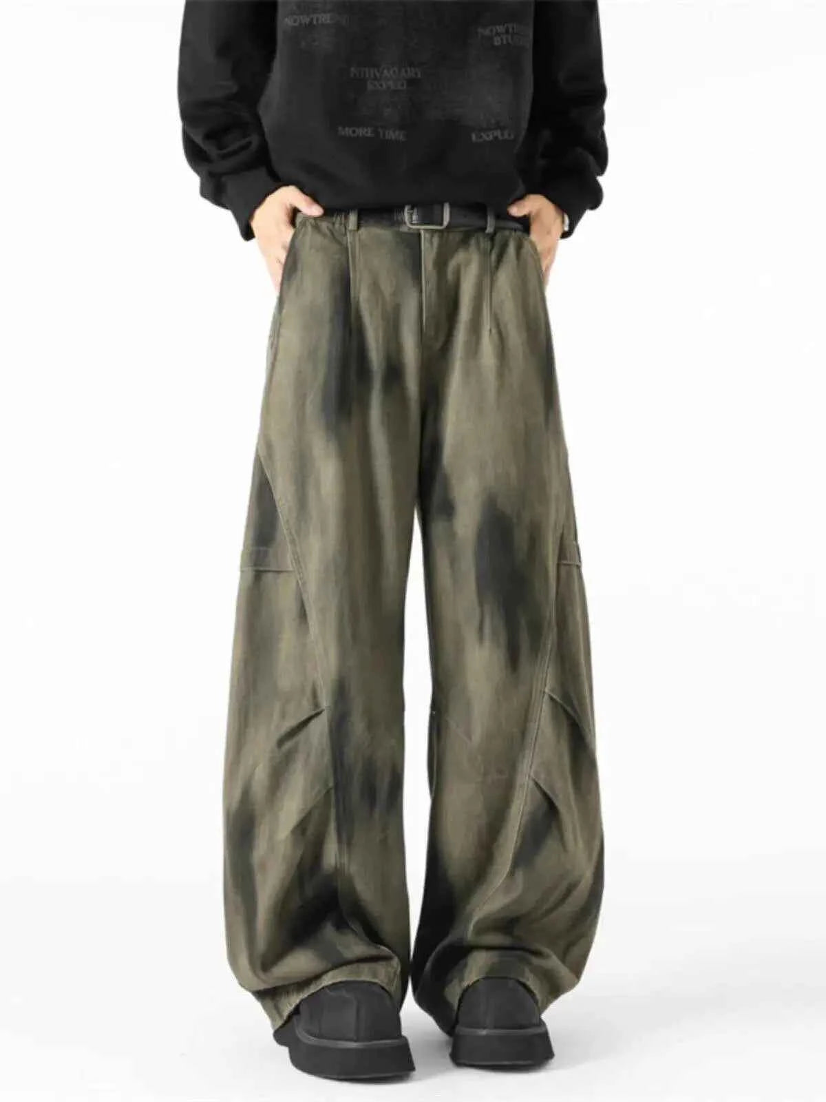 Distressed Tie Dye Denim Wide-Leg Jeans