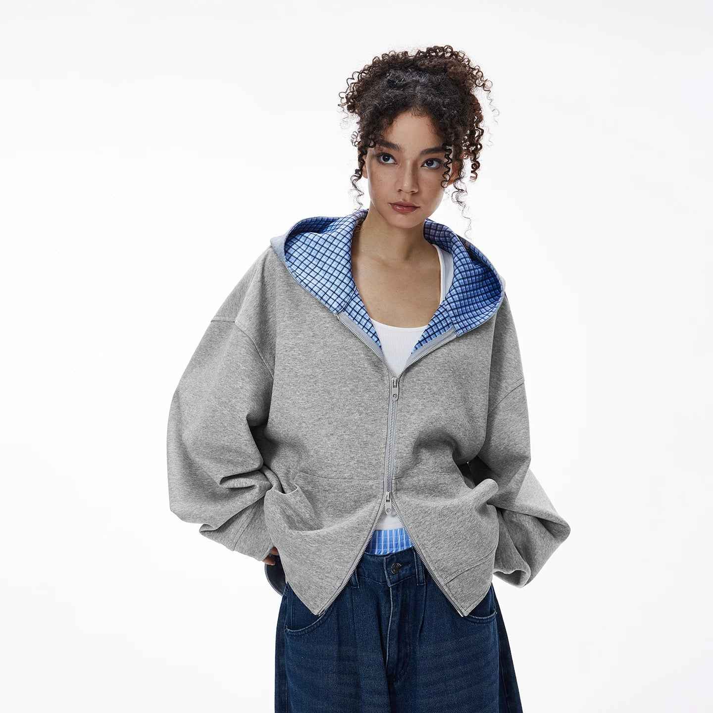 Plaid Unisex Couple Boxy Hooded Sweatshirt
