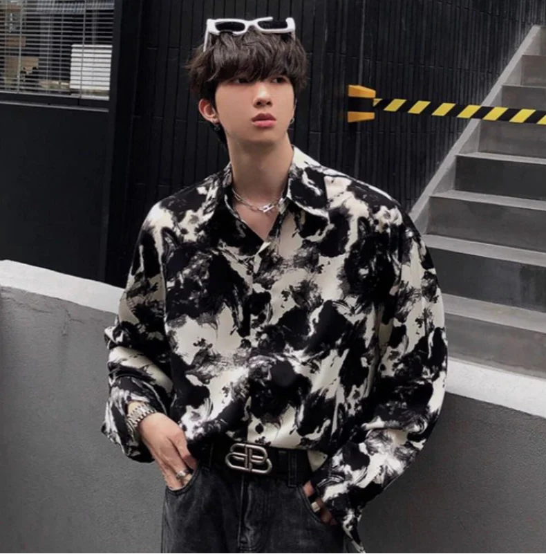 Casual Dark Korean Style Ink Painting Long Shirt - Luxuryurbanwear
