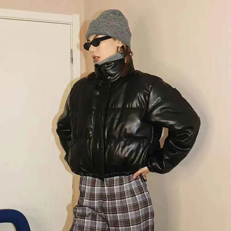 Women Stylish Black PU Winter Leather Jacket