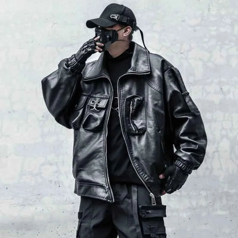 Patchwork Tactical Function PU Leather Jacket