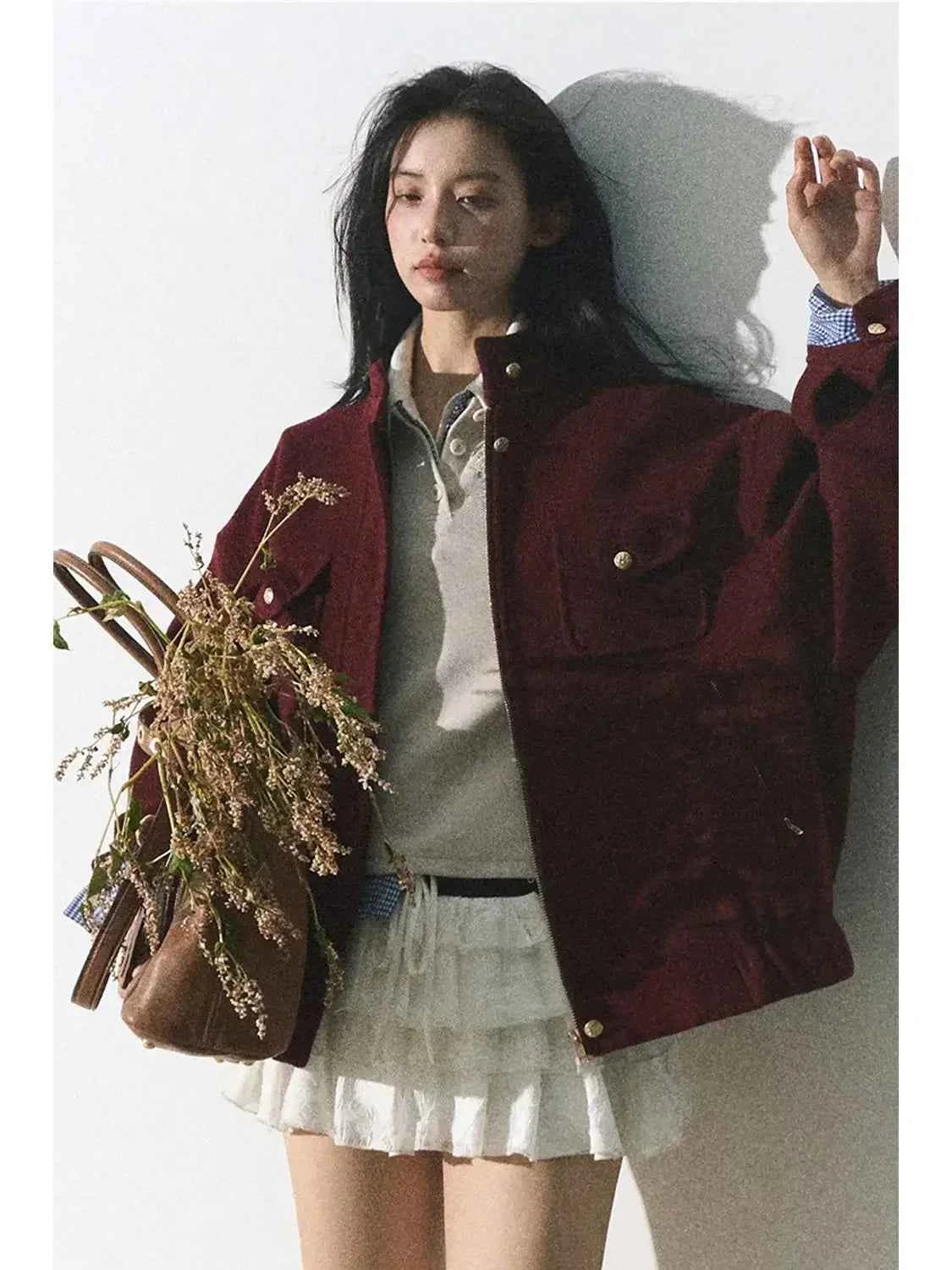 Red Woolen Commuting Baseball Jacket