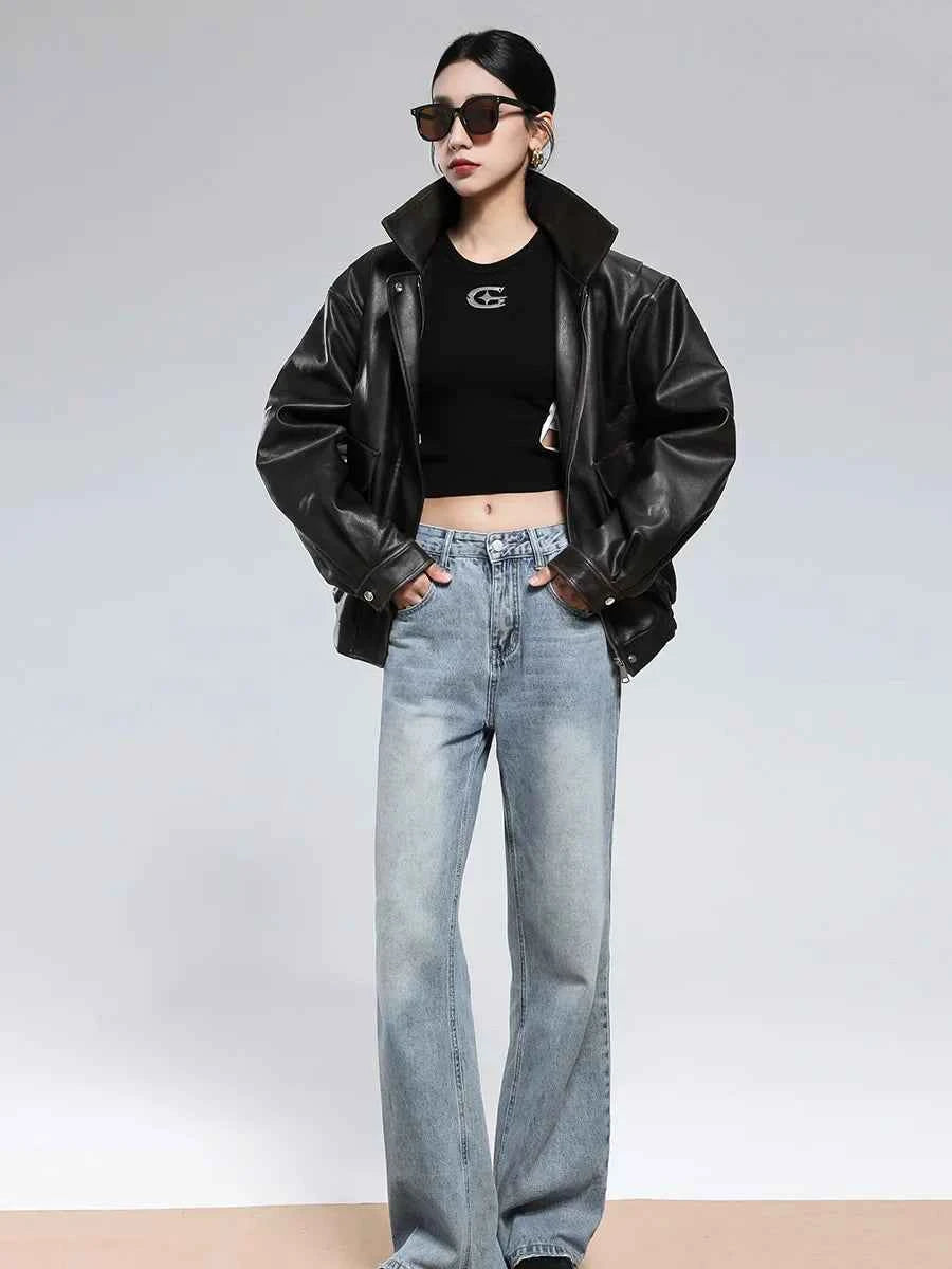 Women Vintage Distressed Brown Leather Jacket