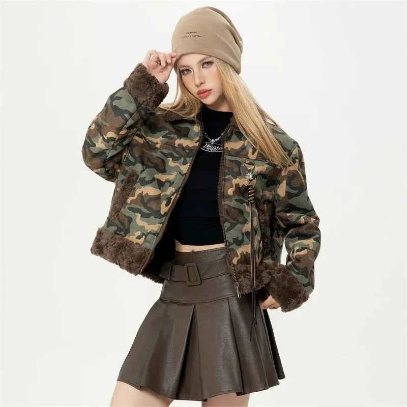 Women Camouflage Short Padded Winter Fur Jacket