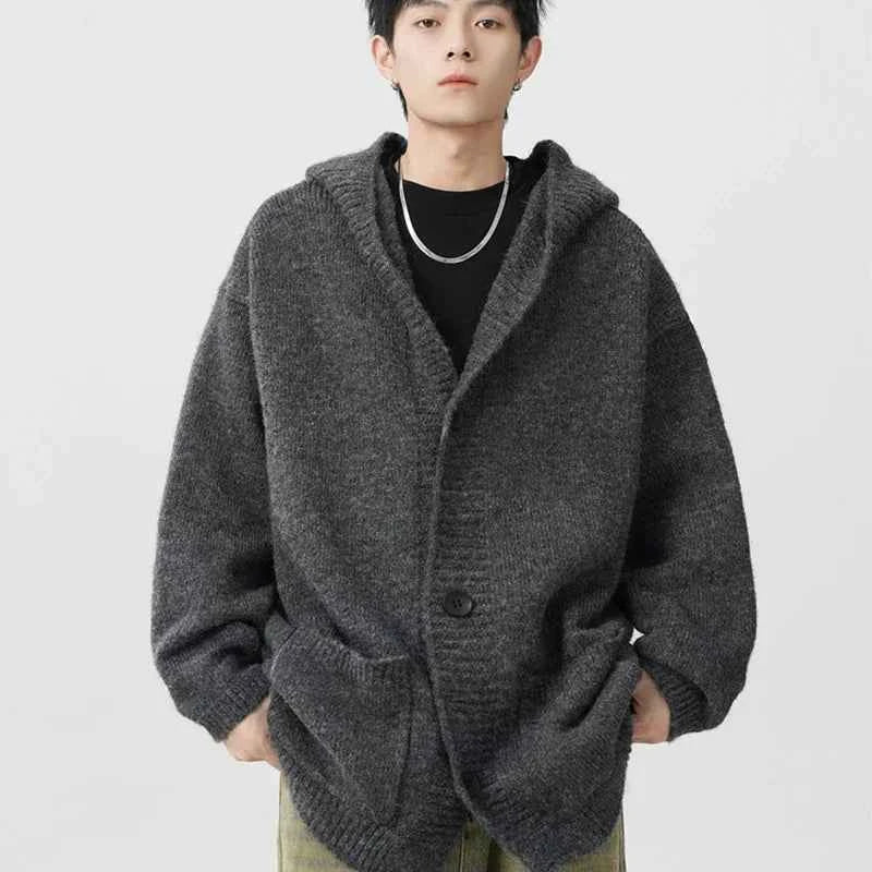 Vintage Cool Cozy Gray Hooded Knitted Cardigan