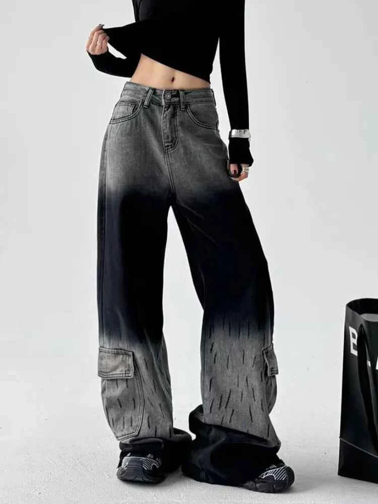 Vintage Black Grey Baggy Wide Jeans
