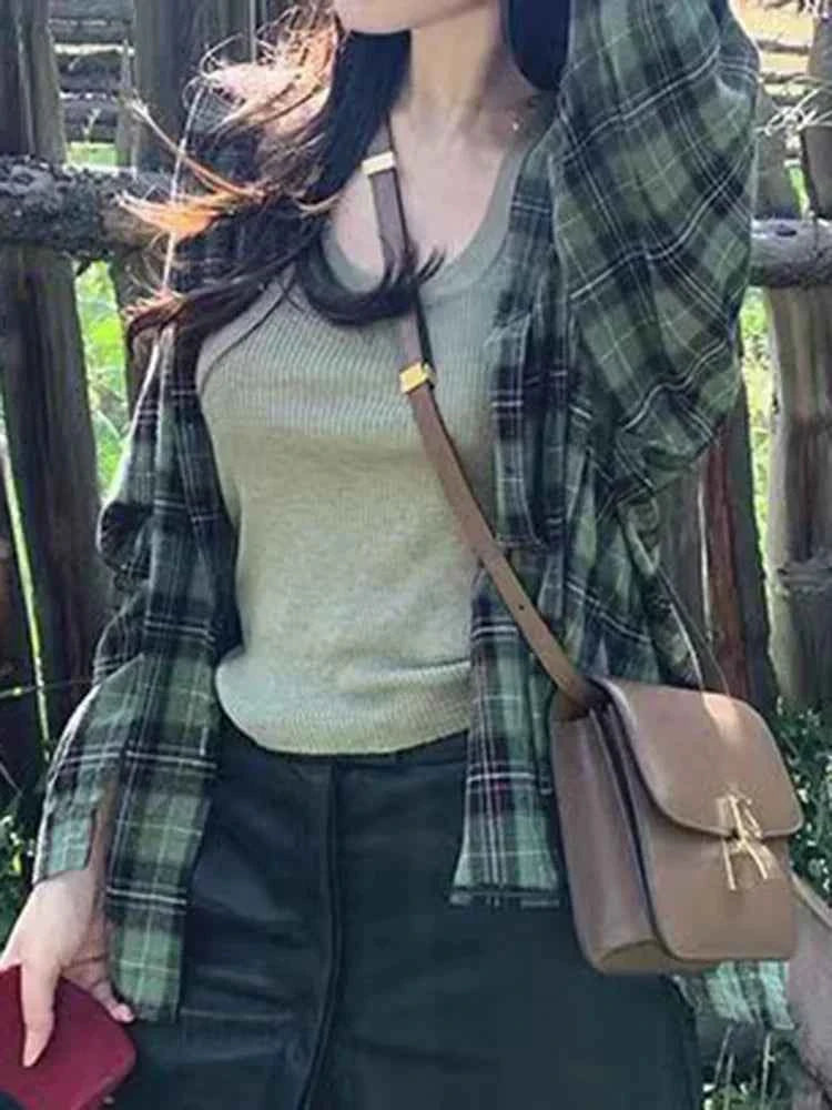 Plaid Dragon Sleeve Loose Button Shirt