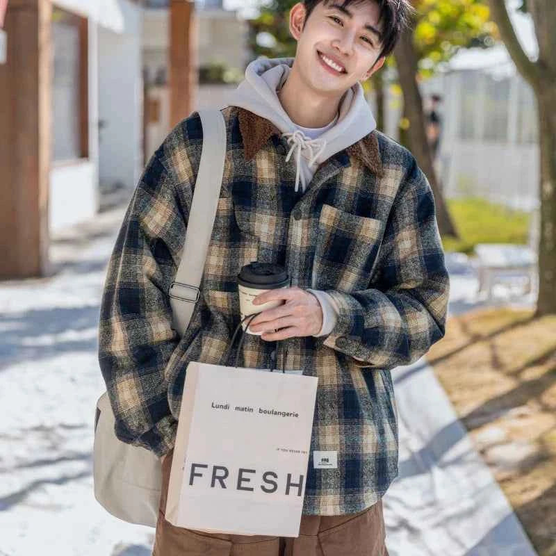 Japanese Style Thick Plaid Wool Parkas Jacket