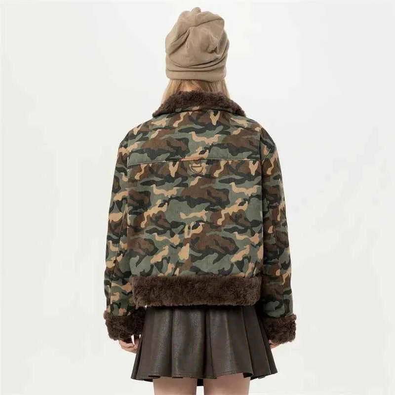 Women Camouflage Short Padded Winter Fur Jacket