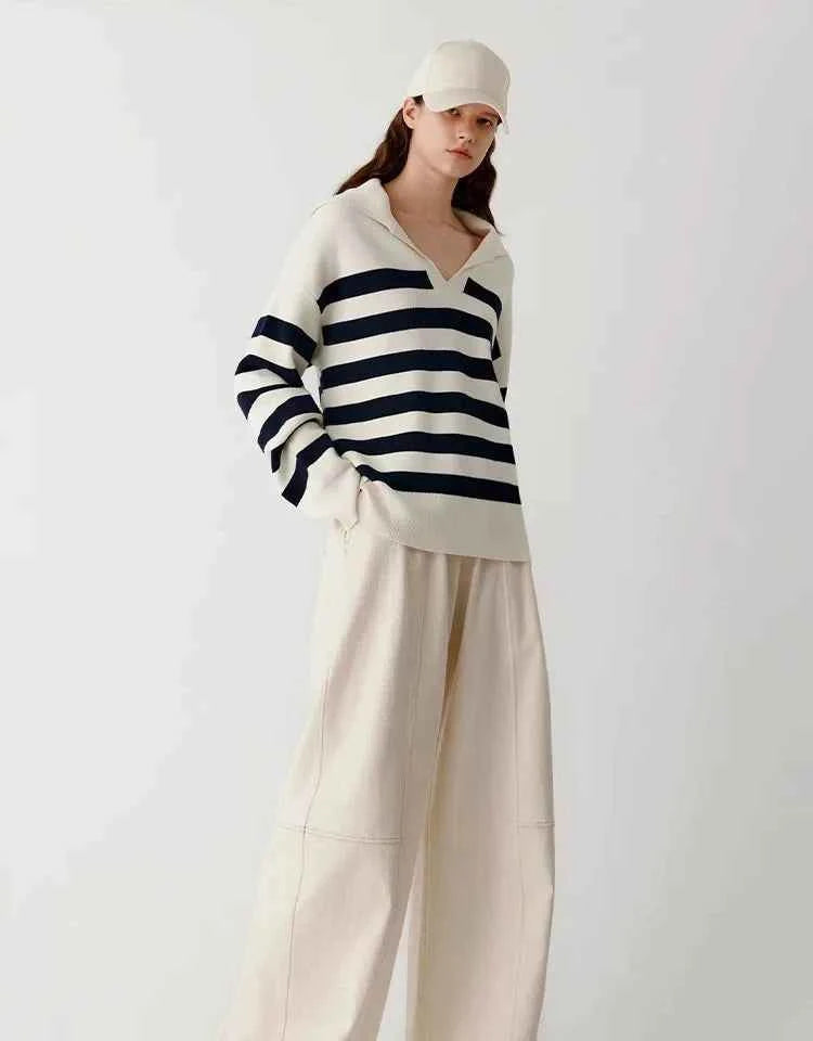 Women Navy Striped Loose Cashmere Sweater