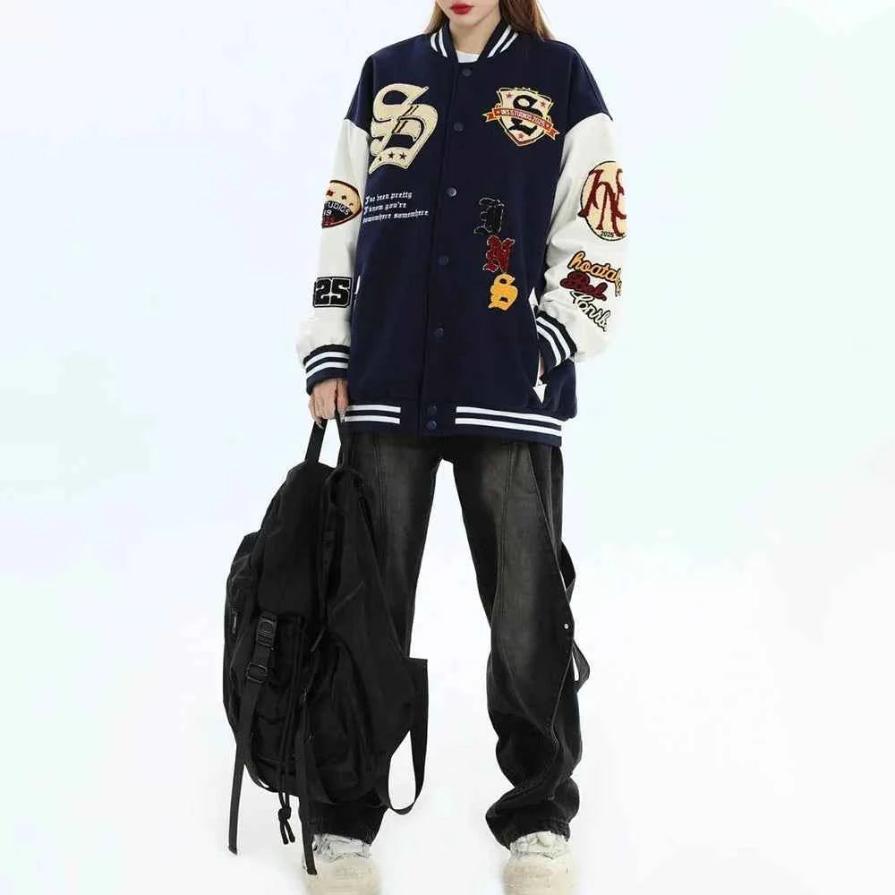 Embroidered Multi Badges Baseball Varsity Jacket
