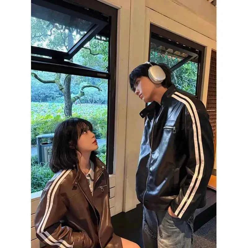 Korean Style Striped Casual PU Leather Jacket