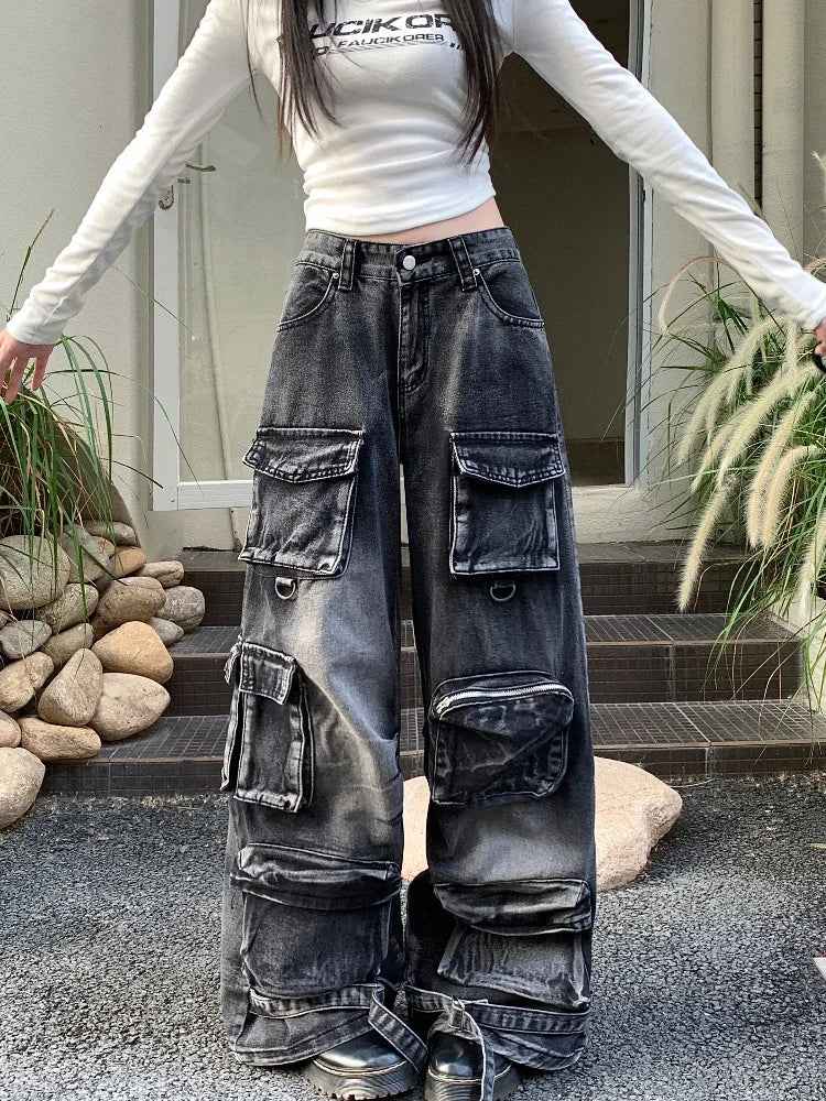 Black Washed Streetware Baggy Cargo Jeans