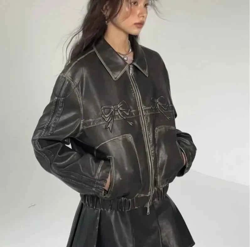 Women Durable Faux Bow Zipper Leather Jacket