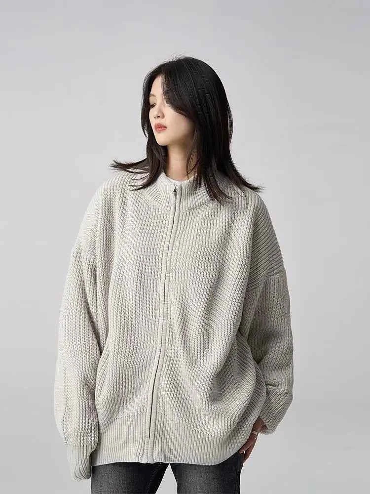 Women Versatile Retro Knitted Zipper Cardigan