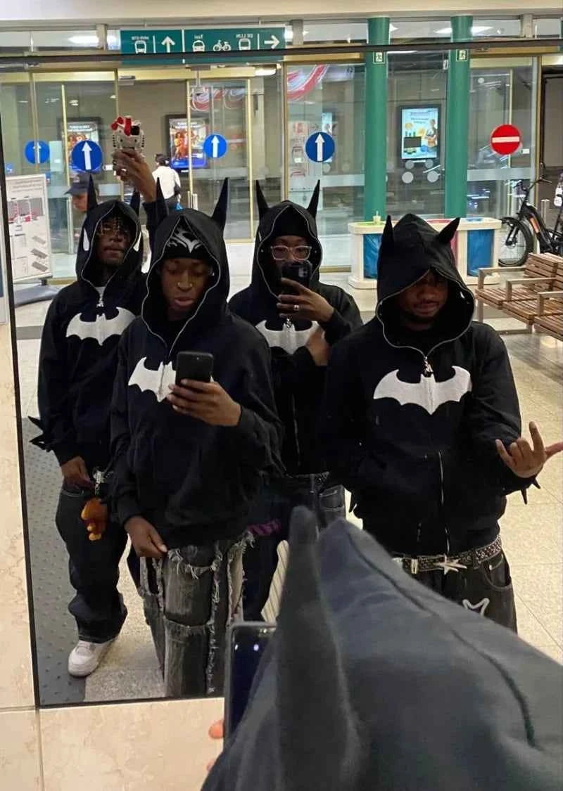 Y2K Oversized Embroidered Zip-Up Bat Man Hoodie