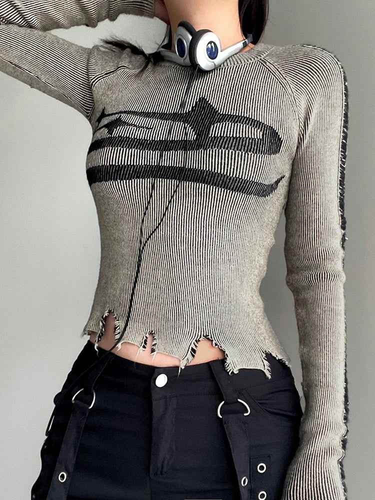 Vintage Patchwork Ripped Long Sleeve Sweater