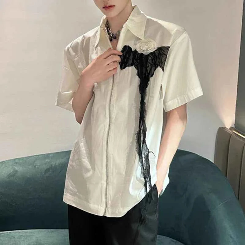 Rose Mesh Zipper Short-Sleeved Shirt