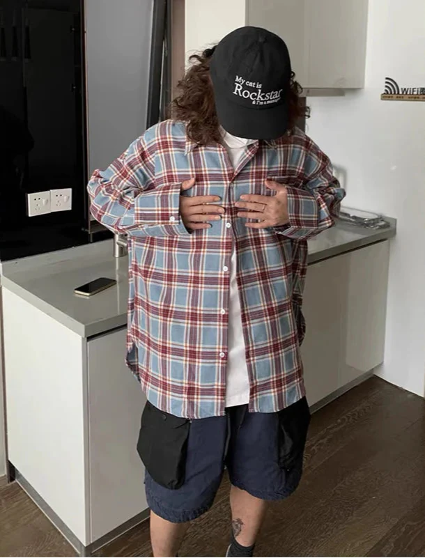 Elevated Stylish Loose Fit Plaid Long Sleeve Shirt - Luxuryurbanwear