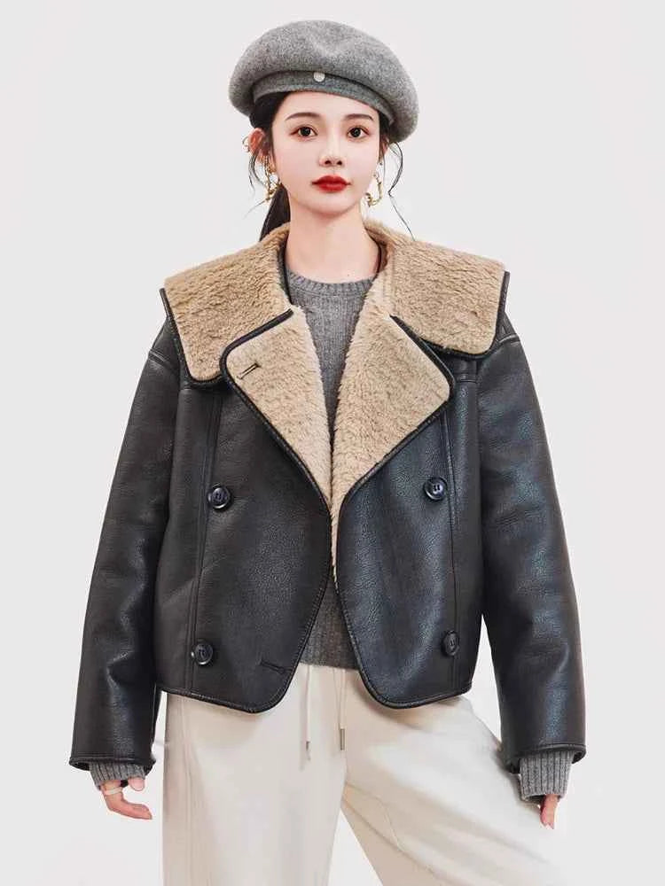 Women Warm Shearling Double Breasted Aviator Leather Jacket