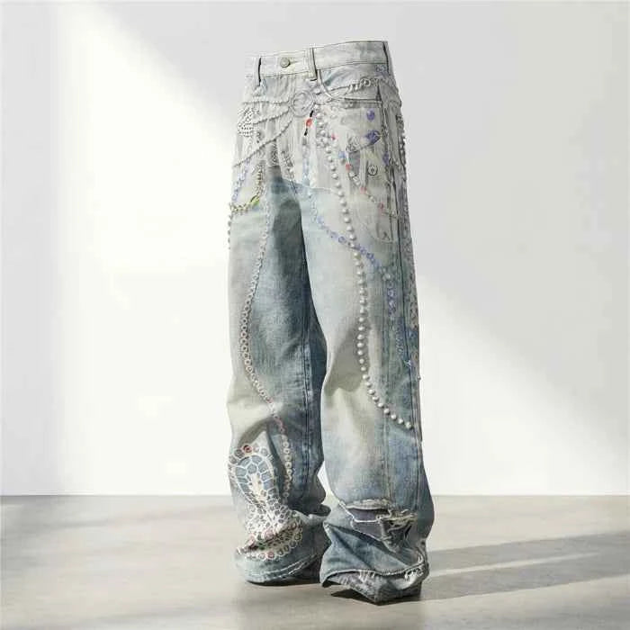 American High Street 3D Print Wide Leg Jeans