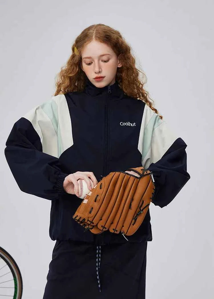 Warm Color Block Stand Collar Windbreaker Jacket