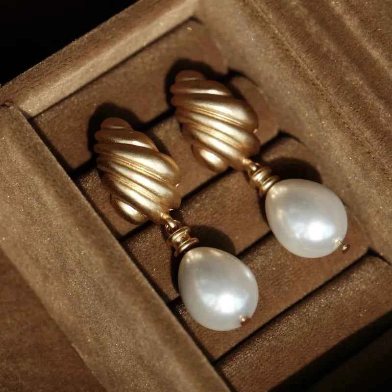 Stylish Gold Pearl Geometric Drop Earrings