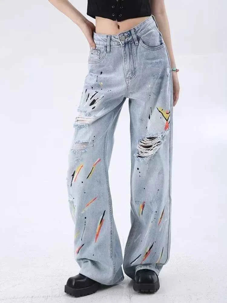 Vintage Washed Blue Graffiti Baggy Jeans