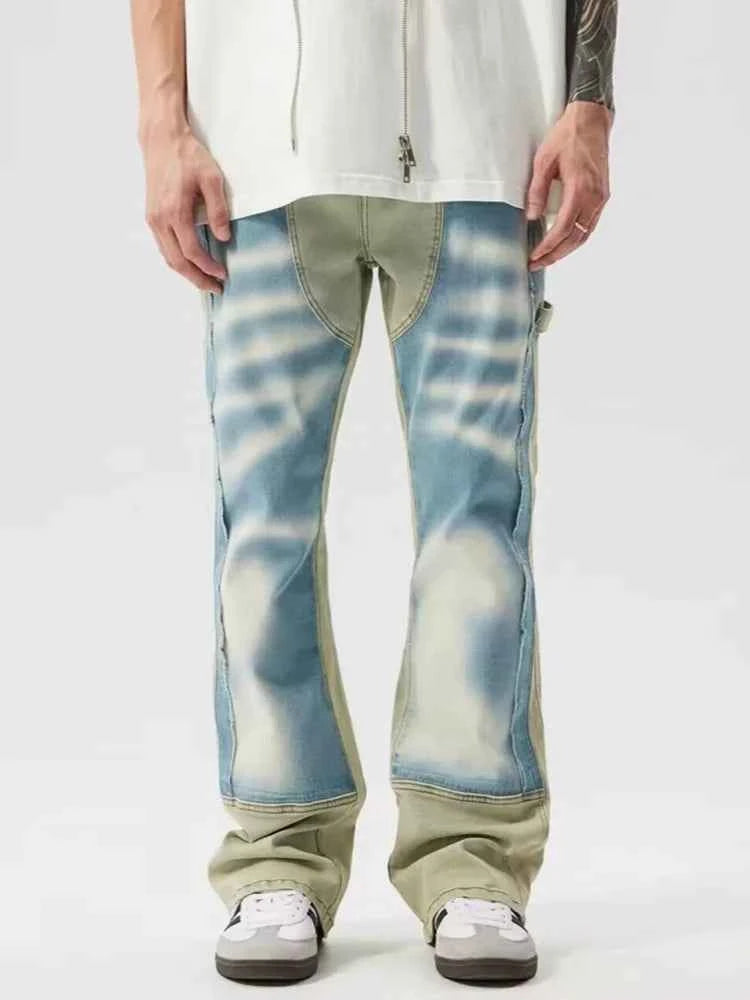 Blue Patchwork Baggy Stacked Wide Leg Flow Jeans