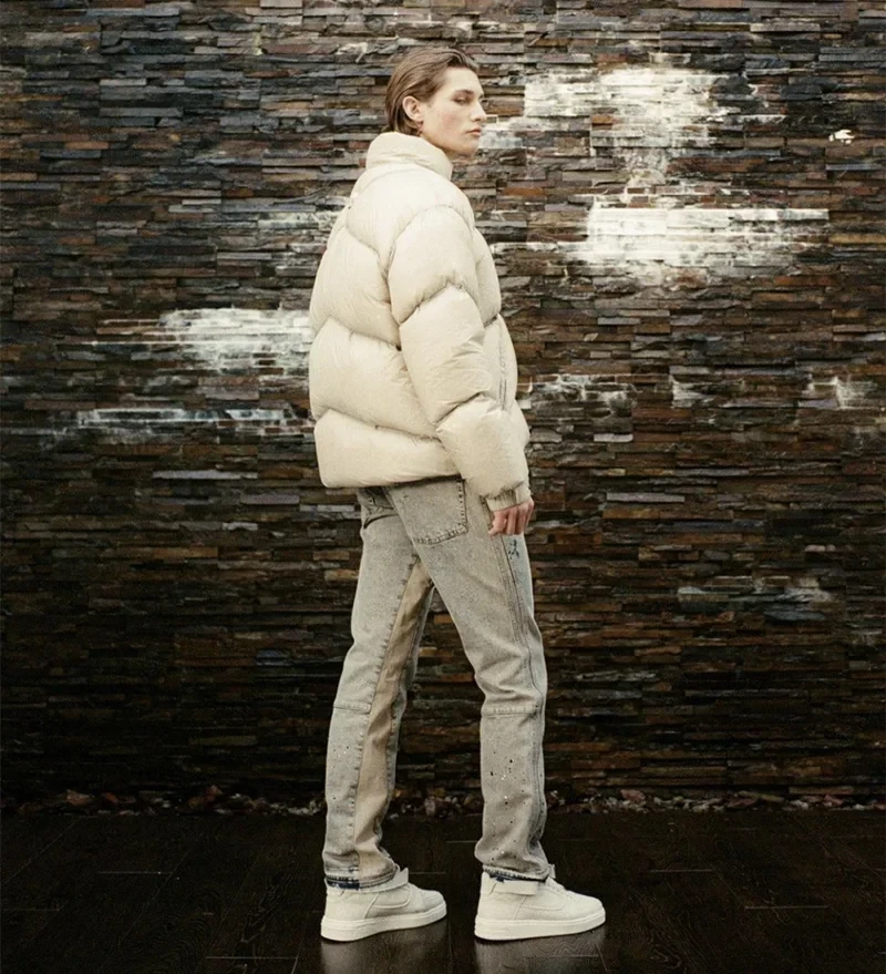 Metal Logo Stand Collar Down Bomber Jacket