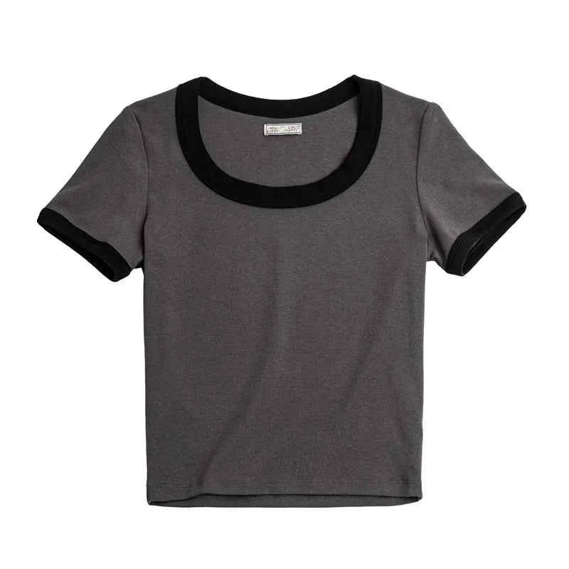 Contrasting Color Slim O-Neck T-Shirt