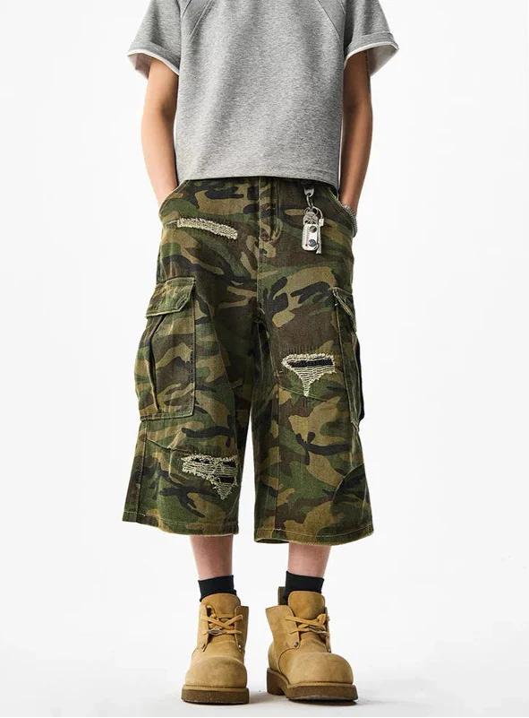 Durable Streetwear Camouflage Wide Leg Cargo Jorts - Luxuryurbanwear