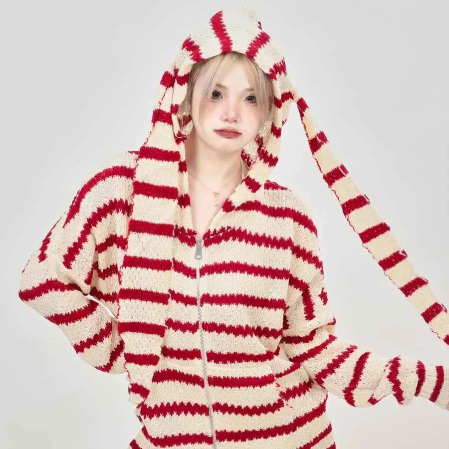 Striped Print Long Sleeve Hooded T-Shirt