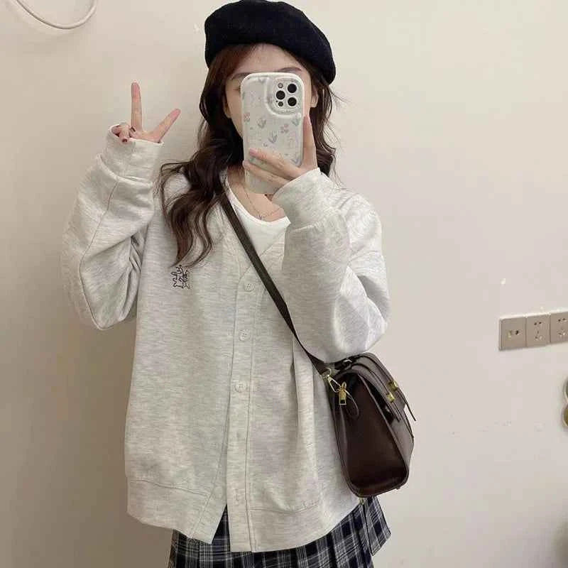 Women Casual Cute Chic Gray V-Neck Button Cardigan